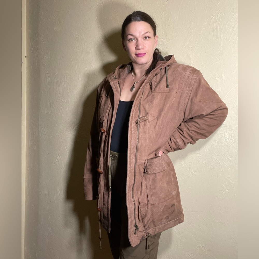 Colebrook Co Oversized Hooded Nubuck Leather Parka Front Zip Toggle Flannel XL